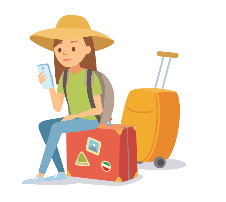 Reiziger zit op koffer met telefoon en bagage – symbool voor verkeerde pagina of route